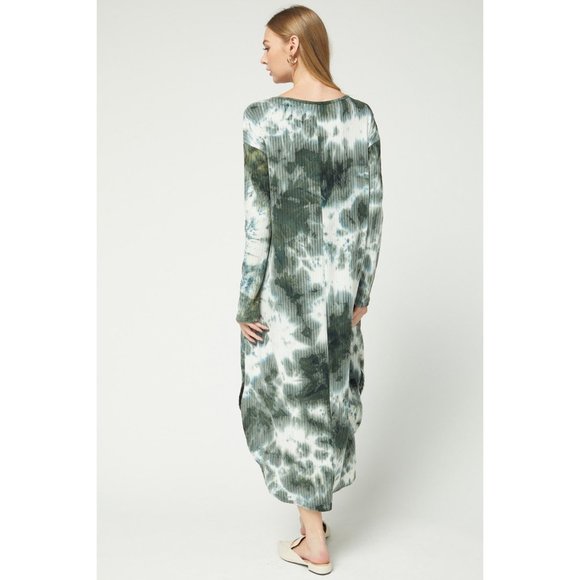 Entro Tie Dye Ribbed Pocket Midi Dress, Olive - Picture 4 of 6